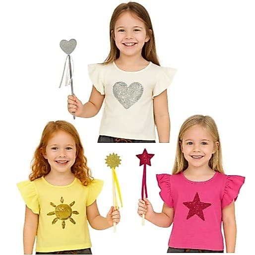 Blusa Infantil Feminina com Paetê + Varinha Mágica | Coração, Sol e Estrela | Presente Menina)