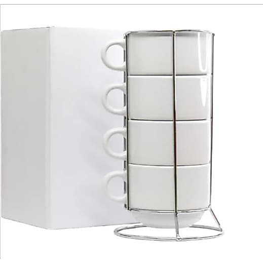 Kit 4 Xícaras Cerâmicas c/ Suporte Torre de Metal (Resinadas para Sublimação)