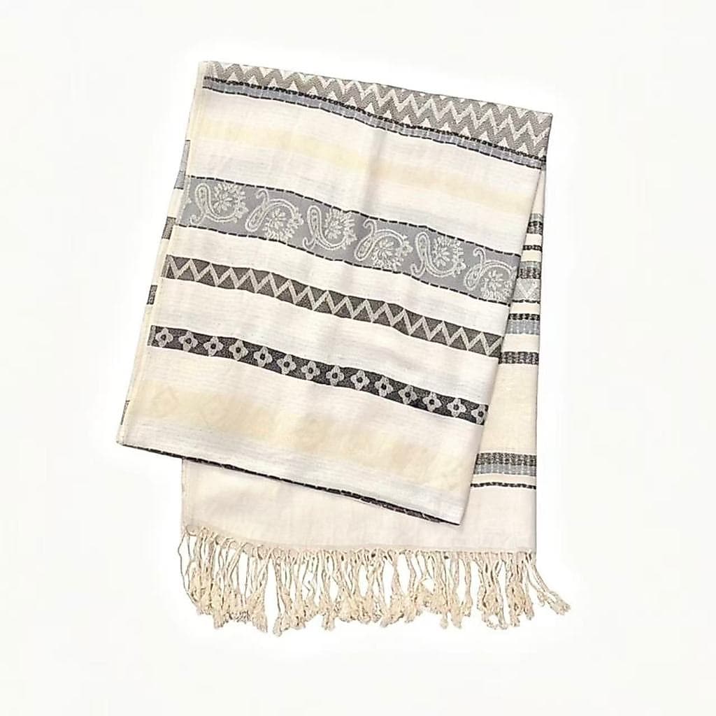Lenço com franjas em estilo étnico retrô, xale de algodão e linho, padrão geométrico paisley, versátil, branco-sujo/cinz