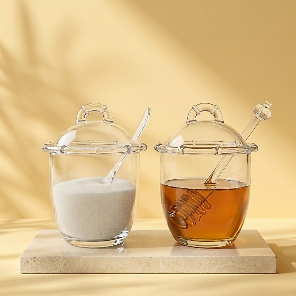 Kit Açucareiro E Meleira Vidro Design Bambu Mesa