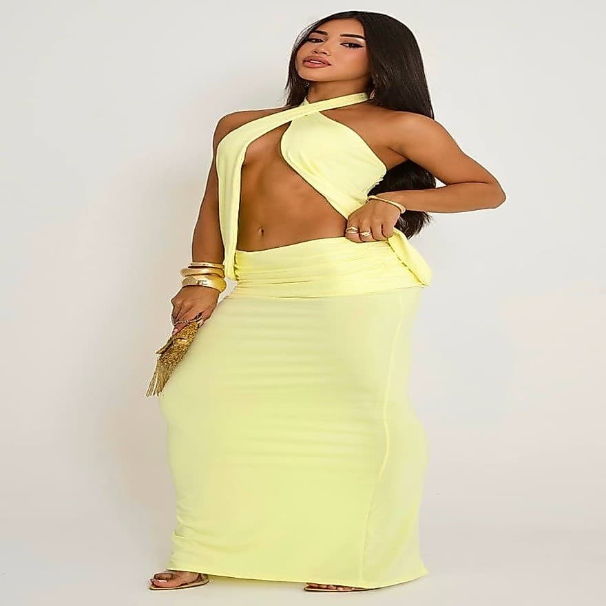 conjunto feminino, conjunto saia e top, conjunto amarelo, conjunto elegante, conjunto festa, conjunto carnaval,verao