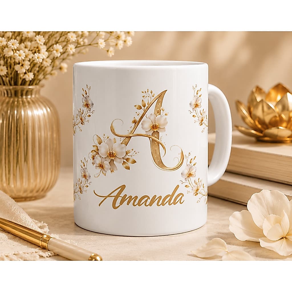 Caneca Personalizada com Nome Floral Rosa Dourado Porcelana 325ml Inicial
