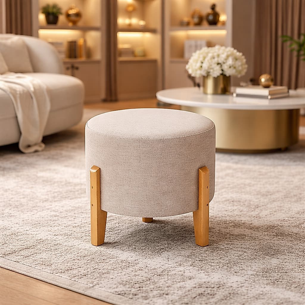 Puff Elegance Redondo em Linho com Pés em Madeira Banqueta para Sala