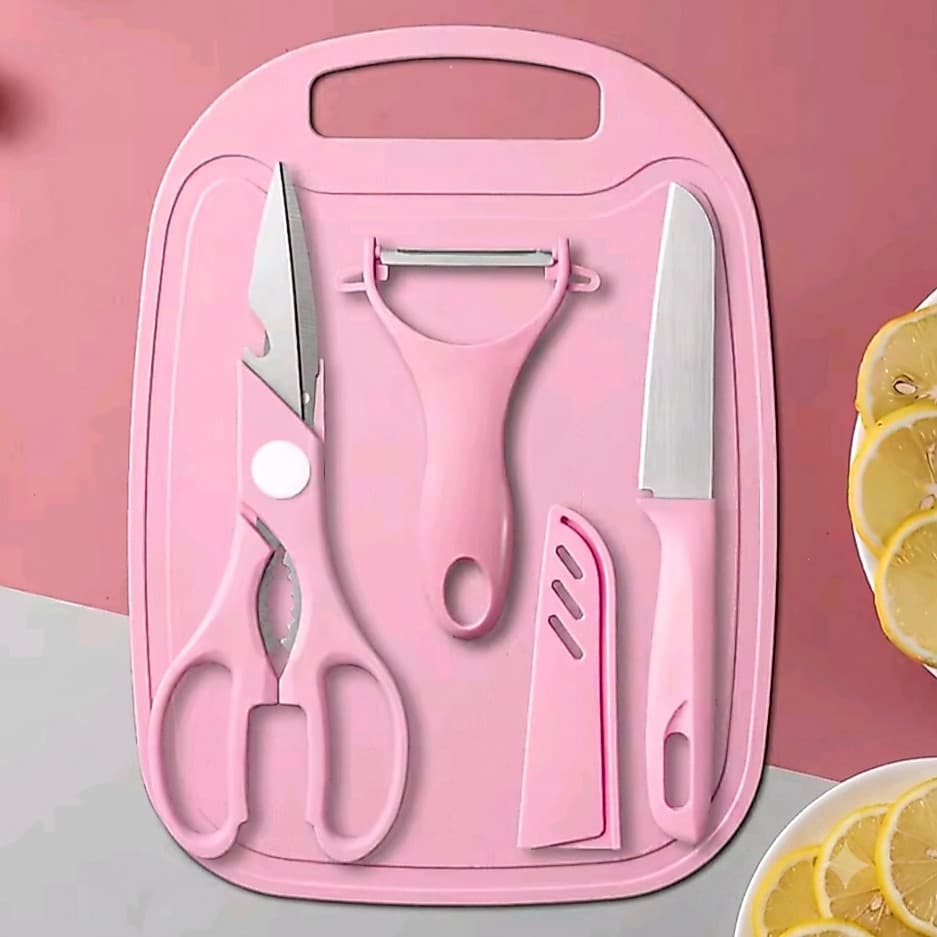 Kit Utensílios de Cozinha 4 Peças com Faca Tesoura Descascador de Frutas Tábua Conjunto Completo