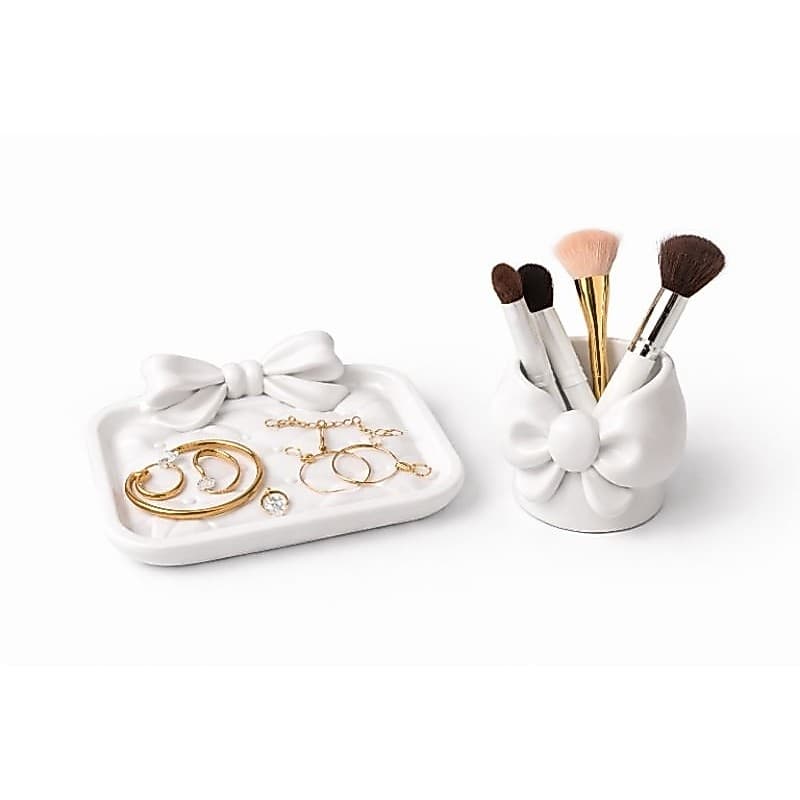 Porta Joias + Porta Pincéis Decorativo | Organizador de Maquiagem e Acessórios | Bandeja com Laço