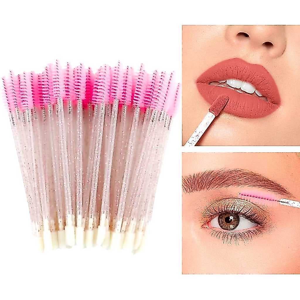 Kit 50 Escovinhas Descartáveis Cílios + Pincel Gloss - Ponta Dupla Rosa Glitter