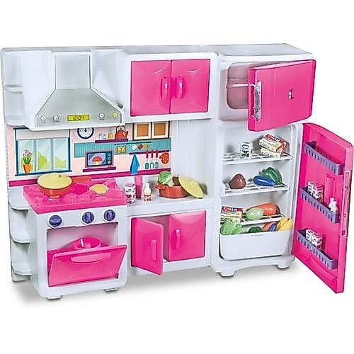 Cozinha Infantil Compacta Brinquedo Educativo Rosa Com Armário Fogão Geladeira Coifa Seguro Durável