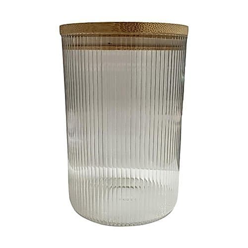 Pote Vidro Borossilicato Listrado Tampa Bambu Natural 1 Litro Armazenamento Seguro Sustentavel