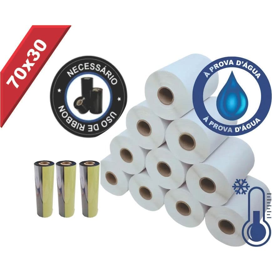 Kit 10 Rolos Etiqueta 7x3 Cm - 70x30 Mm + 3 Ribbons Misto Bopp Cola Acrilica À PROVA D´AGUA
