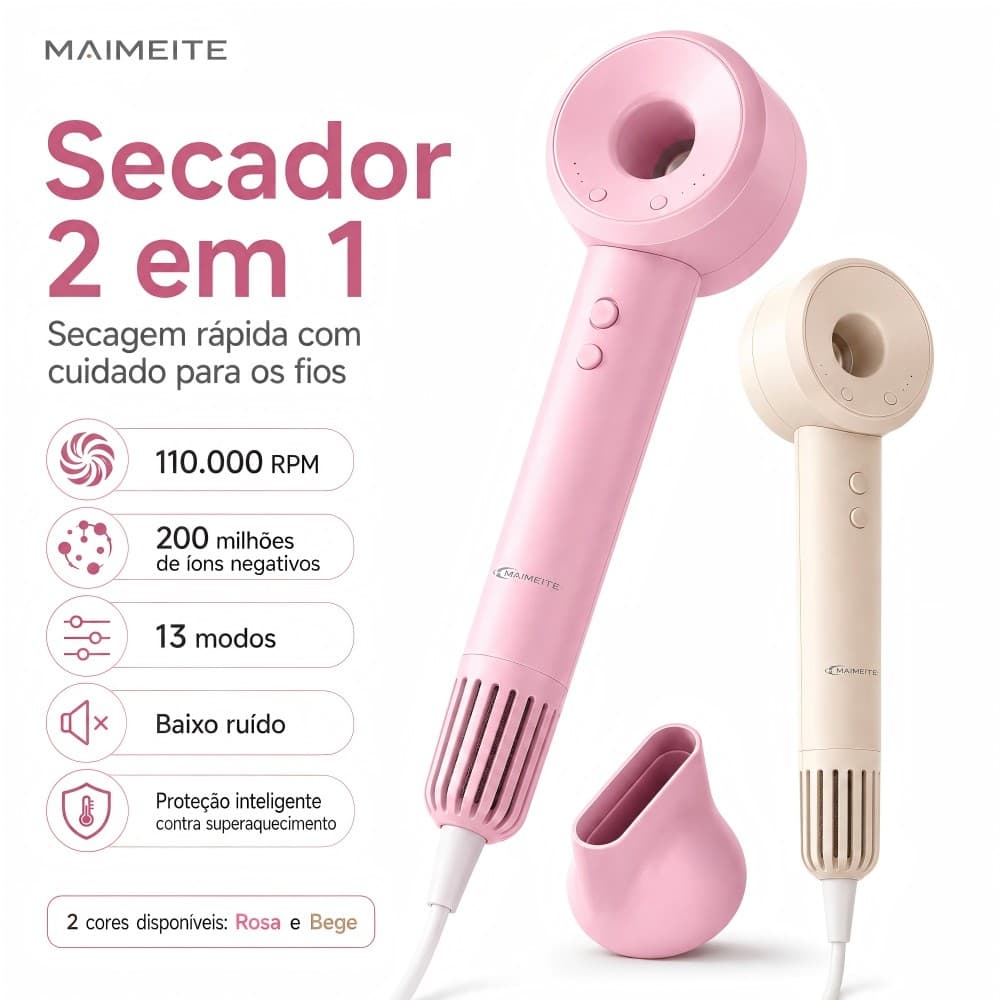 MAIMEITE Secador de Cabelo Alta Velocidade 110.000 RPM 200 Milhões de Íons Negativos 13 Modos Bivolt 110-220V