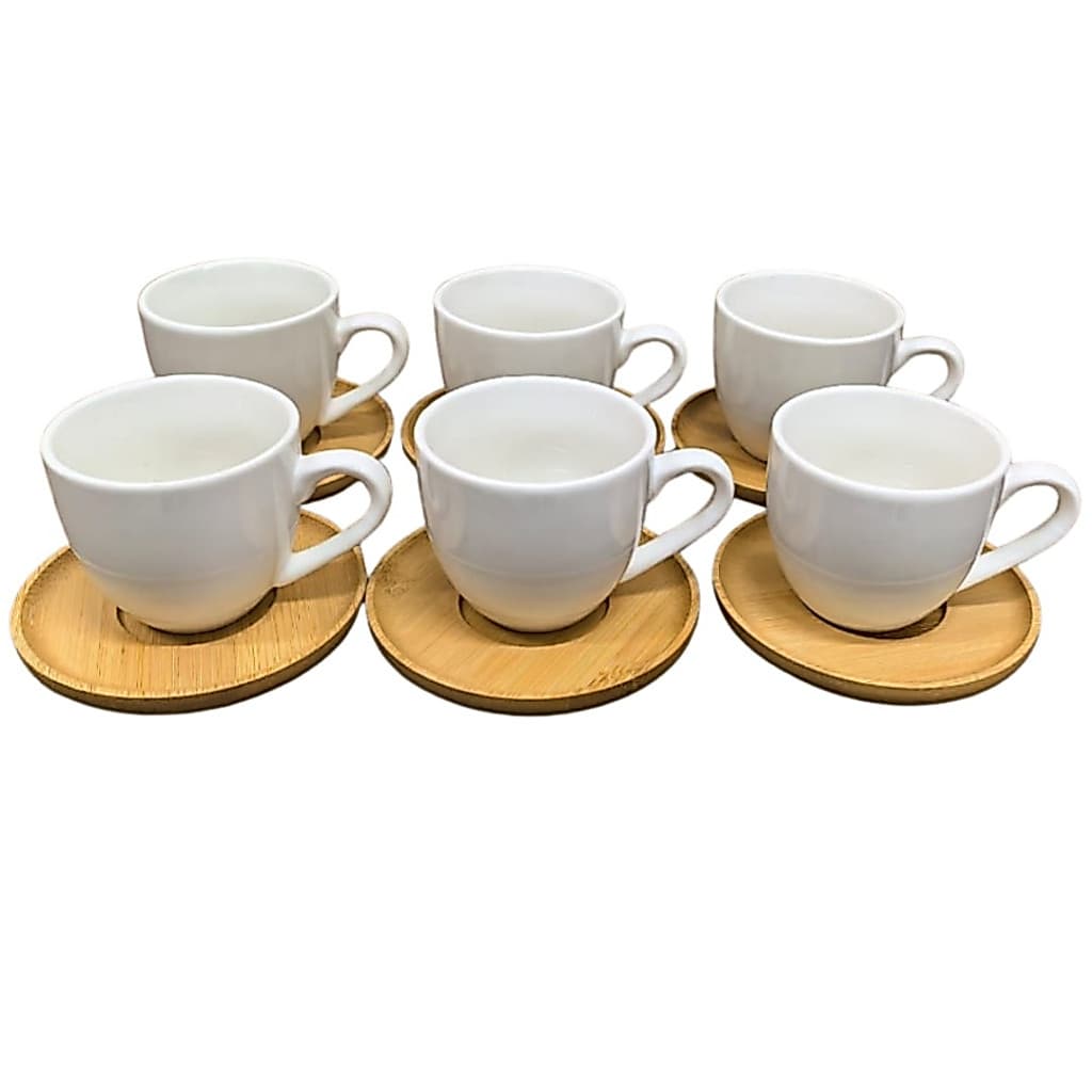 Jogo Xícaras Café Porcelana 6 Peças Com Pires Bambu