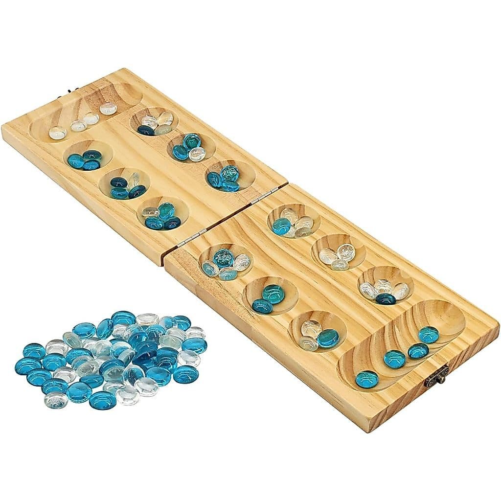 Conjunto E Suprimentos De Jogos Mancala De Madeira-Inclui Tabuleiro Dobrável 48 Pedras De Vidro-Ideal Para Grandes Grupo