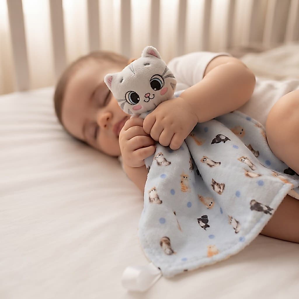 Naninha Gatinho para Bebê Menino e Menina com Cabeça de Pelúcia e Prendedor de Chupeta