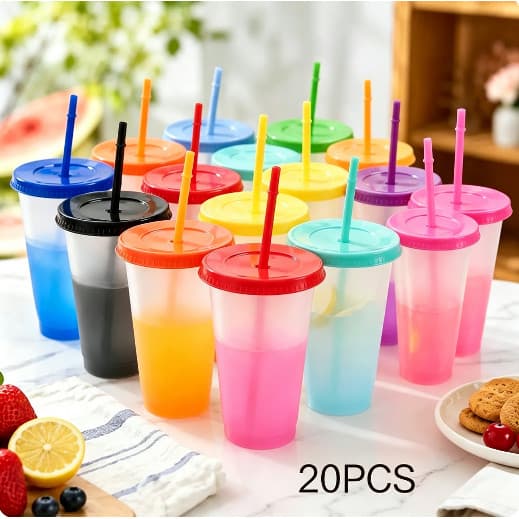 Copos que mudam de cor com palhinha reutilizáveis portáteis conjunto de 20 peças ideais para piqueniques várias cores