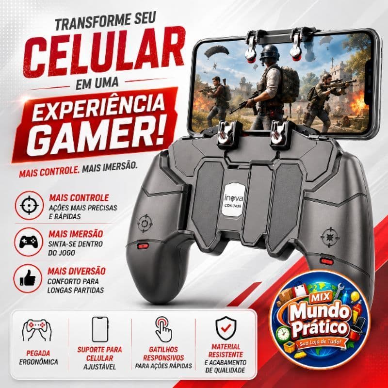 Controle Gamer INOVA CON-7436 com Gatilhos e Suporte para Celular – Joystick Mobile Ergonômico Preto