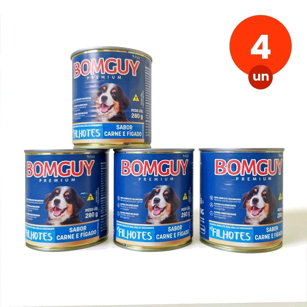 Kit Ração Úmida 4 Bomguy Premium Patê Sabor Carne e Fígado Cães Filhotes 280 G FVO