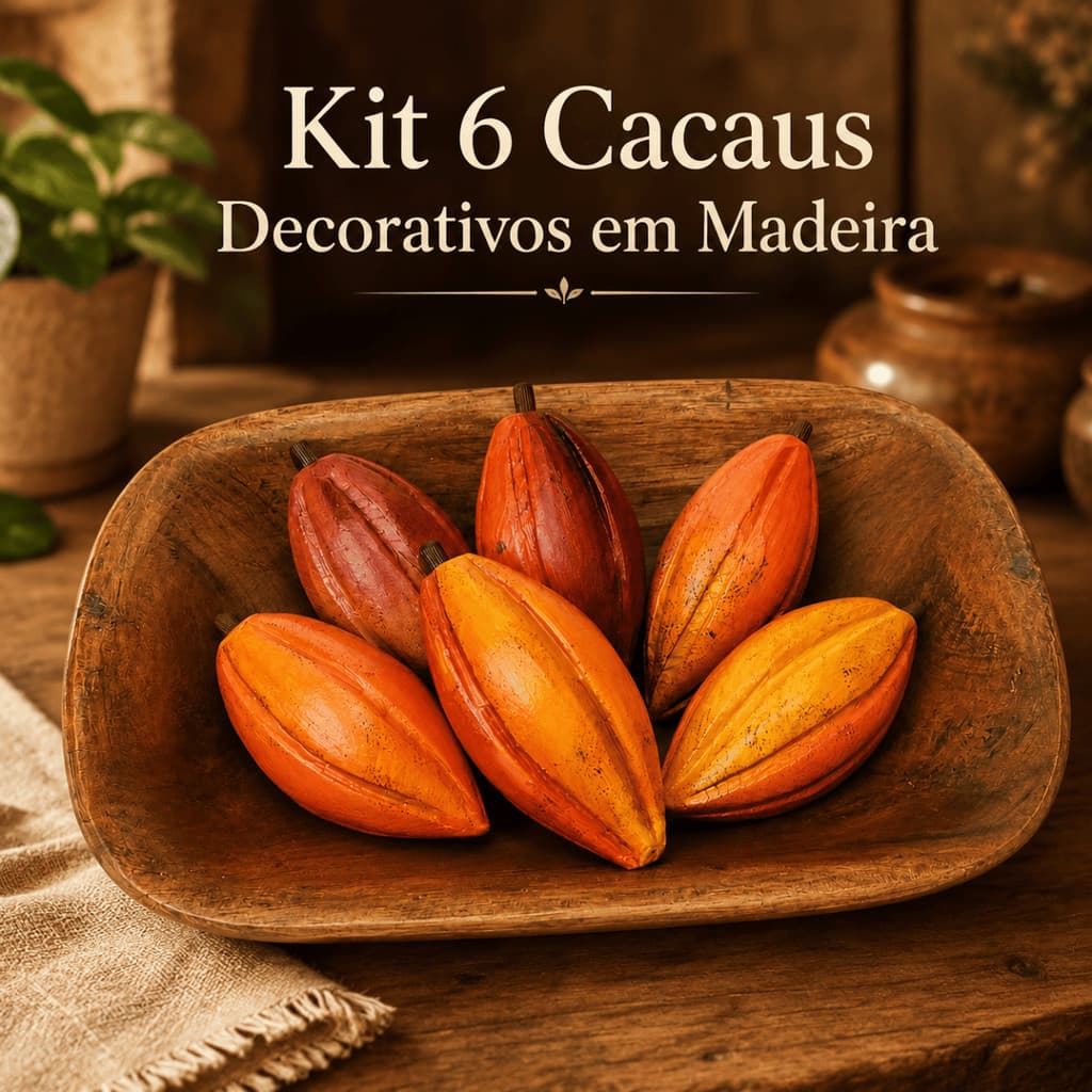 Kit 6 Frutas Cacau Entalhadas em Madeira Para Decoração Cozinha e Áreas Gourmet