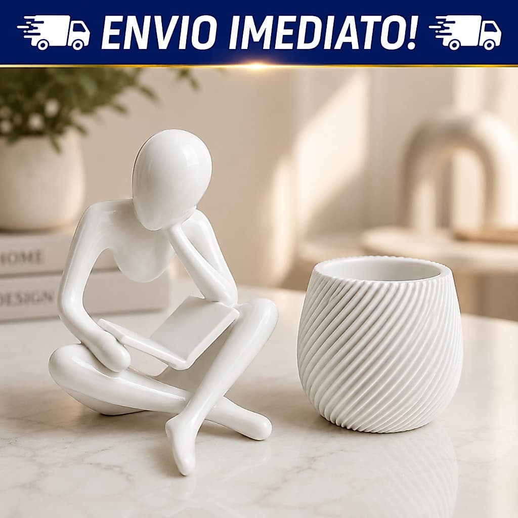 Escultura Leitor Estatueta Decorativa Moderna + Vaso  Abstrata com Livro para Sala e Escritório