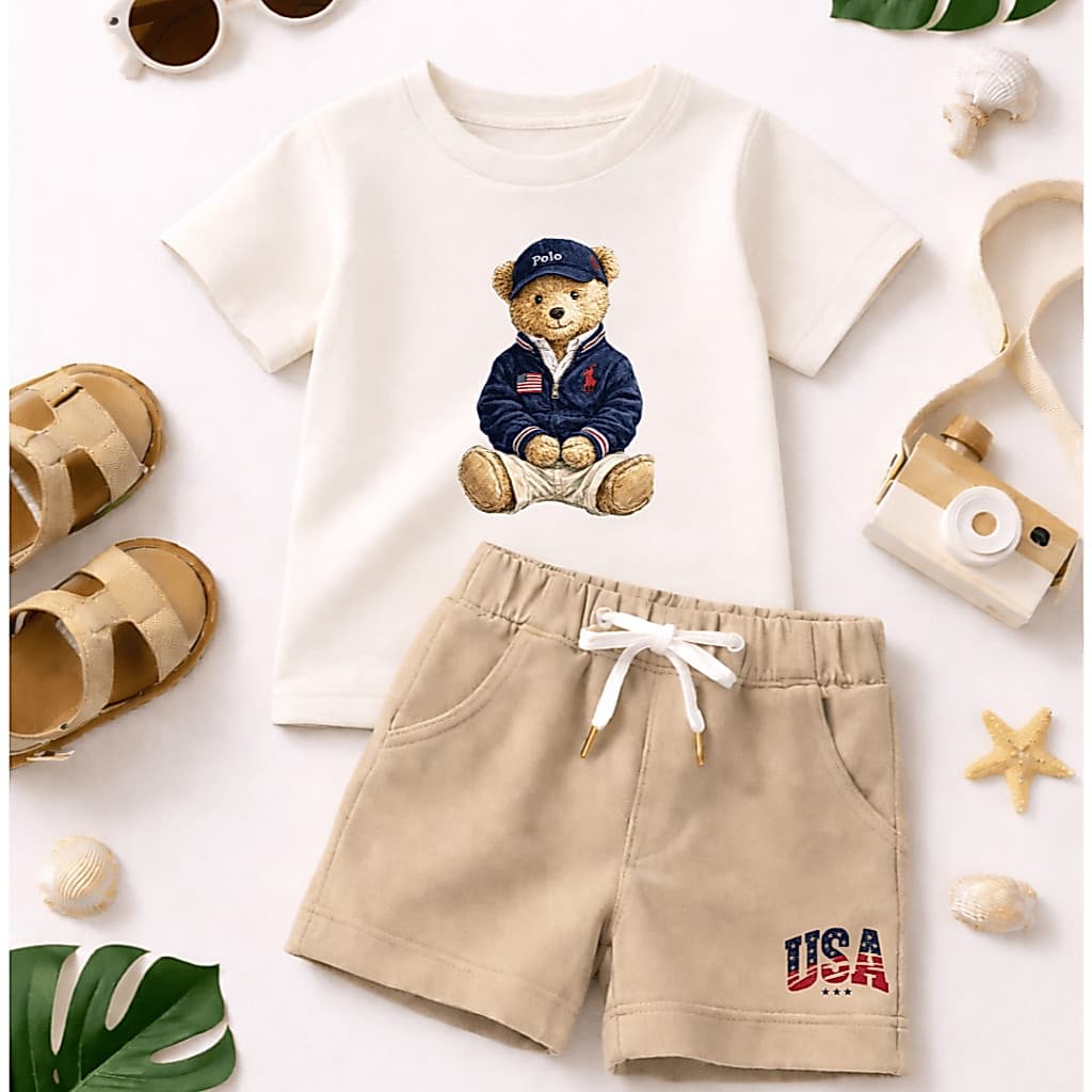 Conjunto Infantil Juvenil para Meninos - Camiseta 100% Algodão e Short Moletinho - Estampa Ursinho - Conjunto Verão