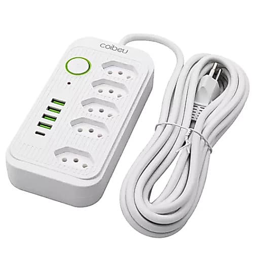 Extensão 5 Metros Bivolt 5 Tomadas E 4 Usb 1 Pd Led Bivolt Com botão