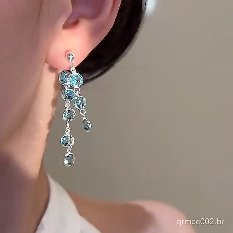 Brincos de borla longa de cristal azul glaciar com agulha de prata 925 primavera verão duas peças temperamento europeu a