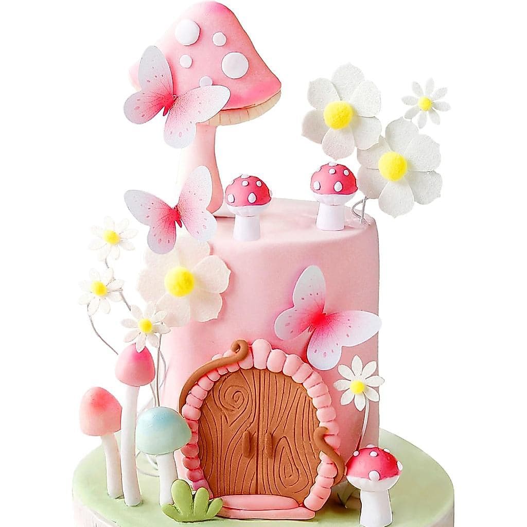 Topo de Bolo Cogumelo Rosa, Decorações para Festa de Aniversário de Fada, Decoração de Bolo Fada da Floresta, Casa de Co