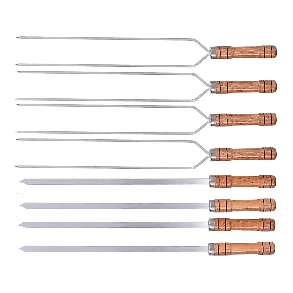 Kit 8 Espetos Alumínio Churrasqueira Churrasco Cabo Madeira