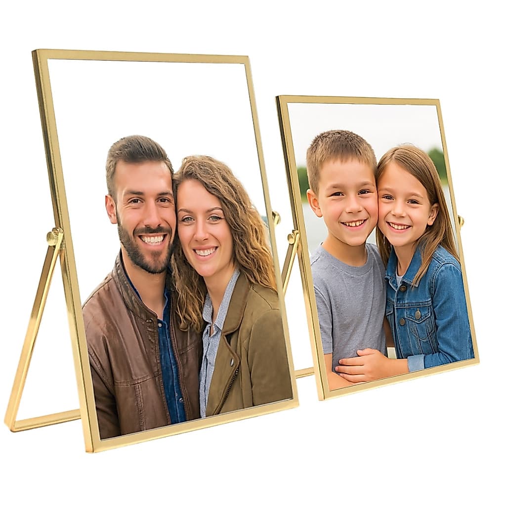 Kit 2 Porta Retratos Mesa 10x15 e 15x20 Metal e Vidro Dourado