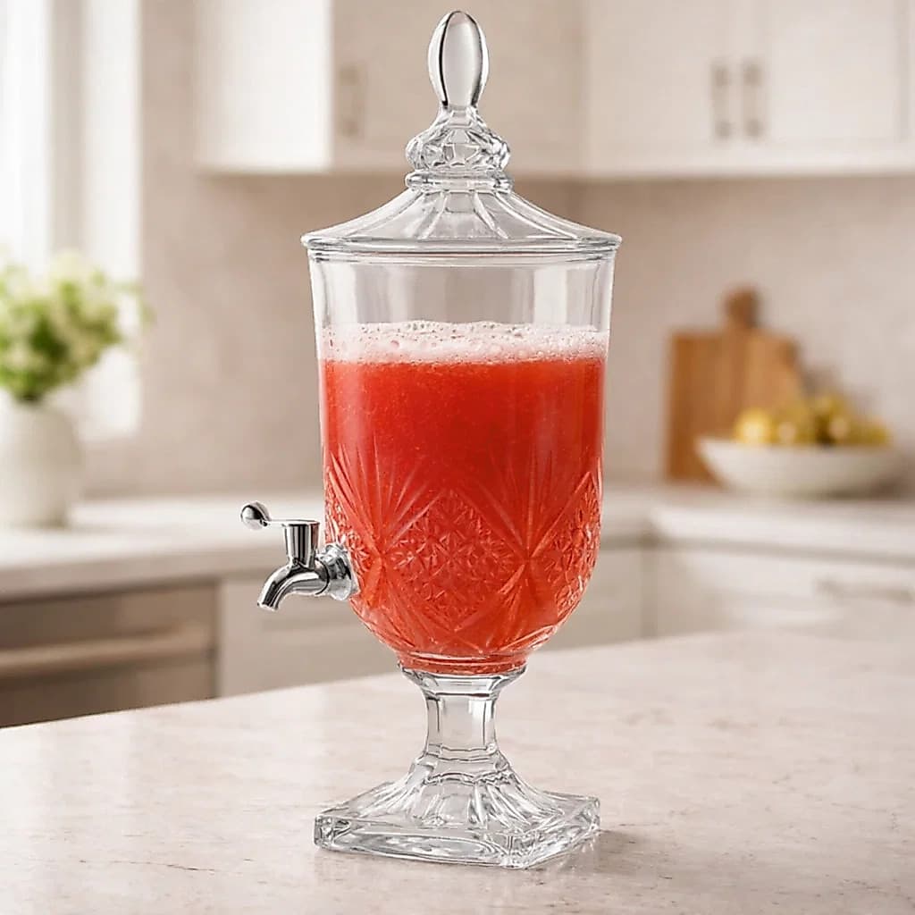 Suqueira De Vidro Cristal 5 Litros Torneira Metal Dispenser de Bebidas Mesa Posta Elegante