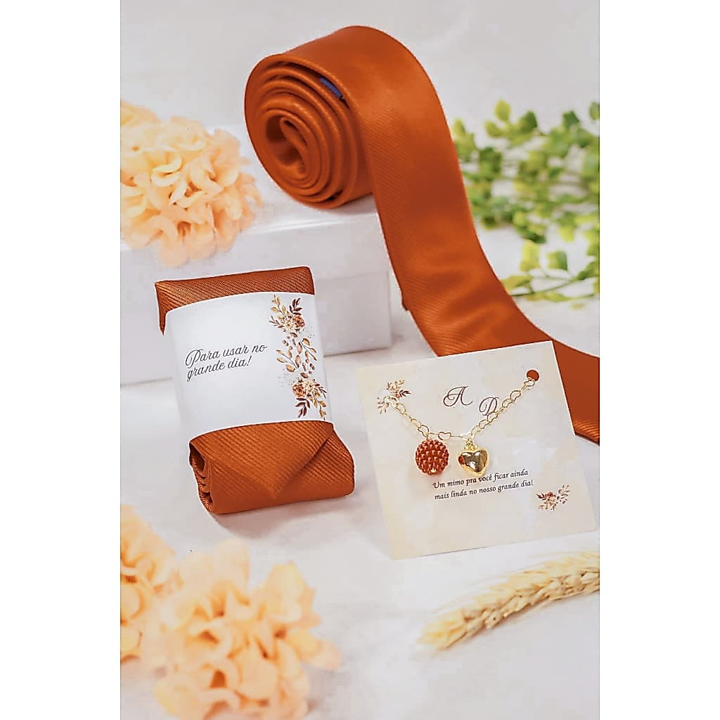 Gravata Terracota 1200 fios Jacquard e Pulseira Terracota para Padrinhos e madrinhas Casamento