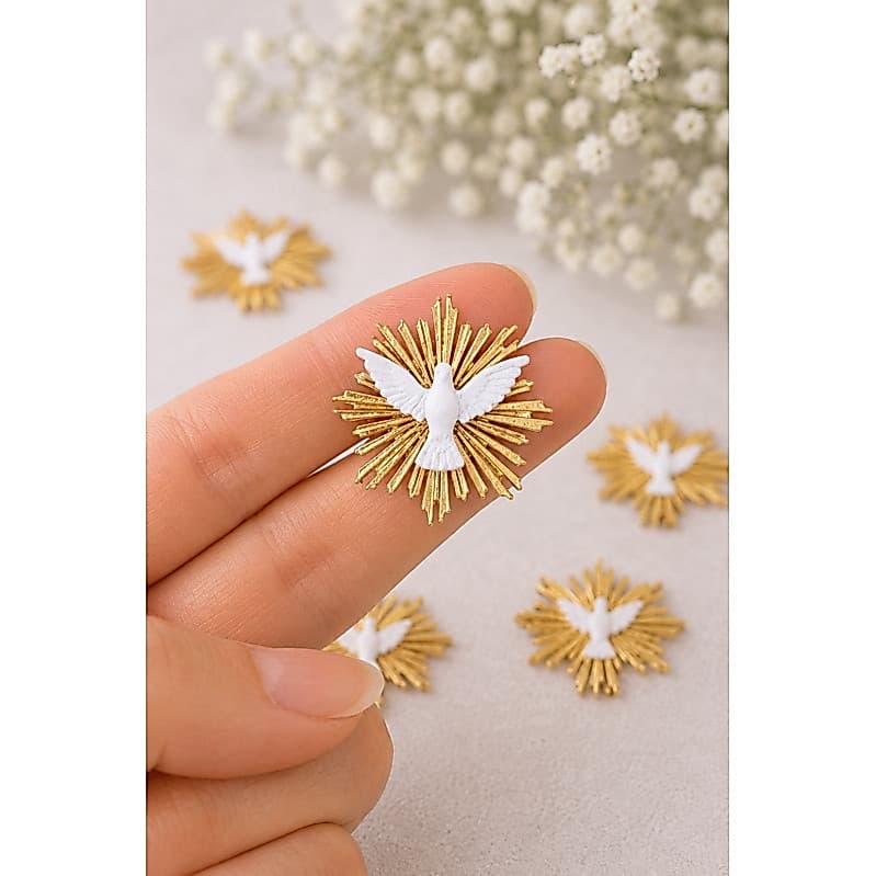 Kit Apliques do Espírito Santo 3,5cm Dourado e Branco para Artesanato, Batizado, Crisma, Lembrancinhas