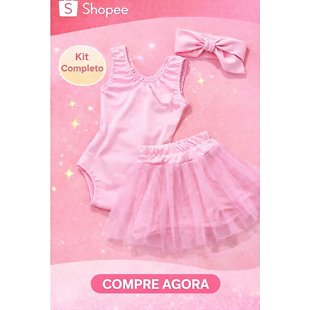 Kit com Saia/Short de Glitter Rosa Bebê, body e tiara- BEM PRINCESA!