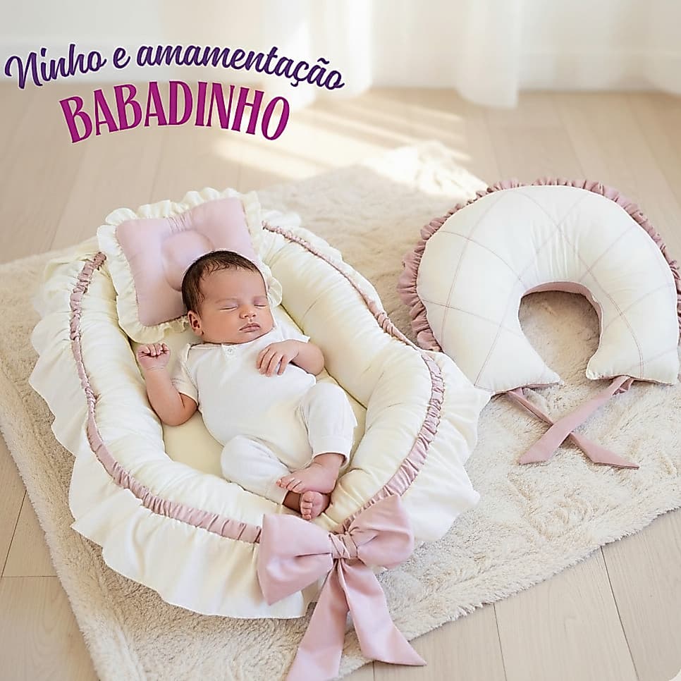 Ninho Redutor De Berço + Almofada de Amamentação com Babado e amarris Meninas