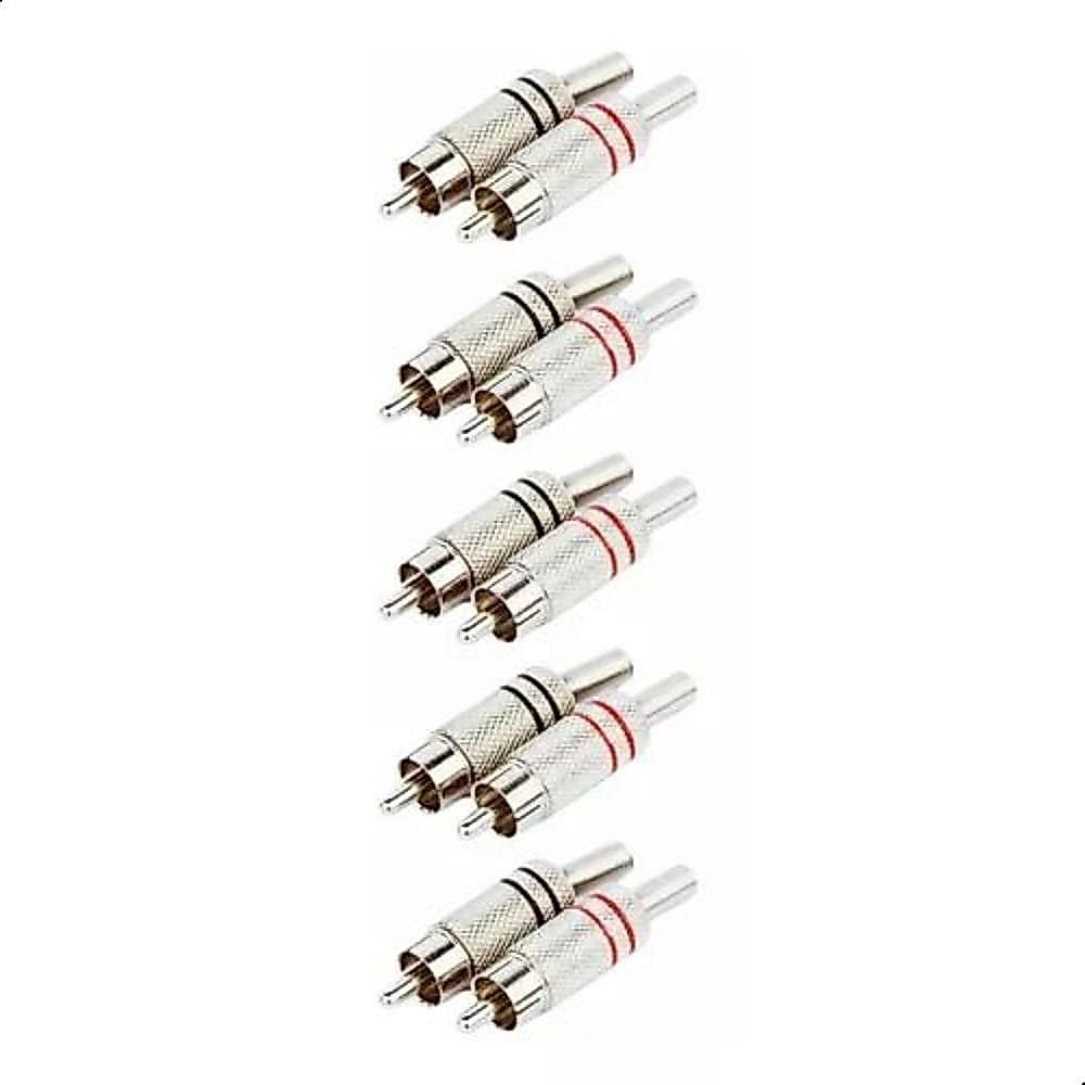 Kit 10 Plugs Conector Rca Adaptador Macho Blindado Metal 5 Pares Preto e Vermelho