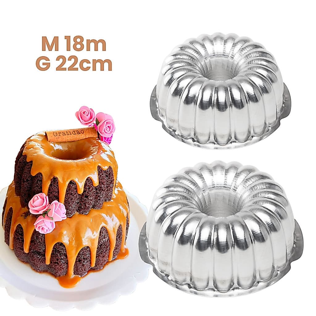 Kit 2 Formas Suiça Decorada N° 2 M e G 18cm e 22cm Caparroz Aluminio Bolo Pudim Sobremesa