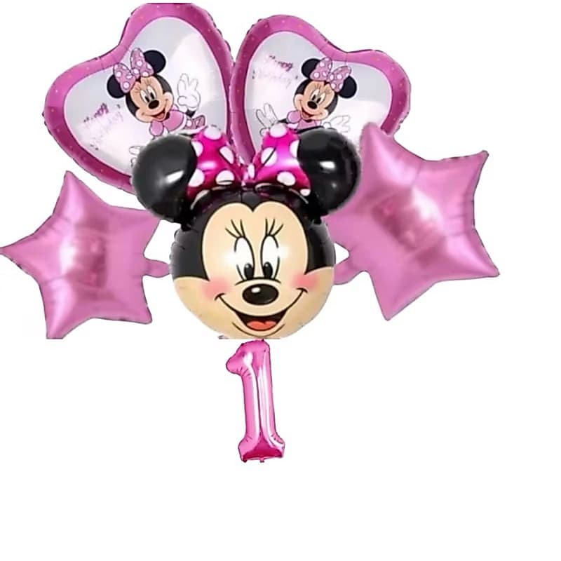 Kit c/5/6 Balões Minnie cabeça mede 50 cm, coração, estrela mede 45cm, número mede 40 cm