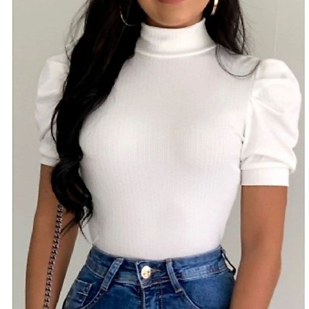 BASICA Blusa Canelada Gola Alta Manga Curta Moda Femininaa