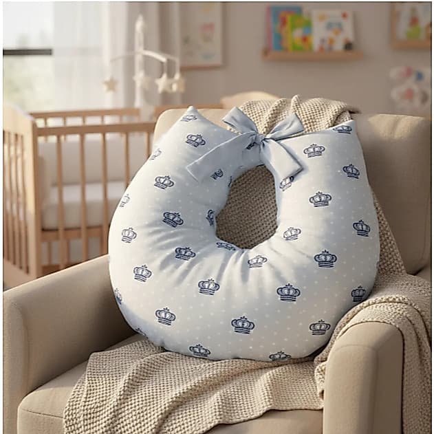 Travesseiro de Amamentação Almofada Para Amamentar Bebe Menino Enxoval Coroa Azul