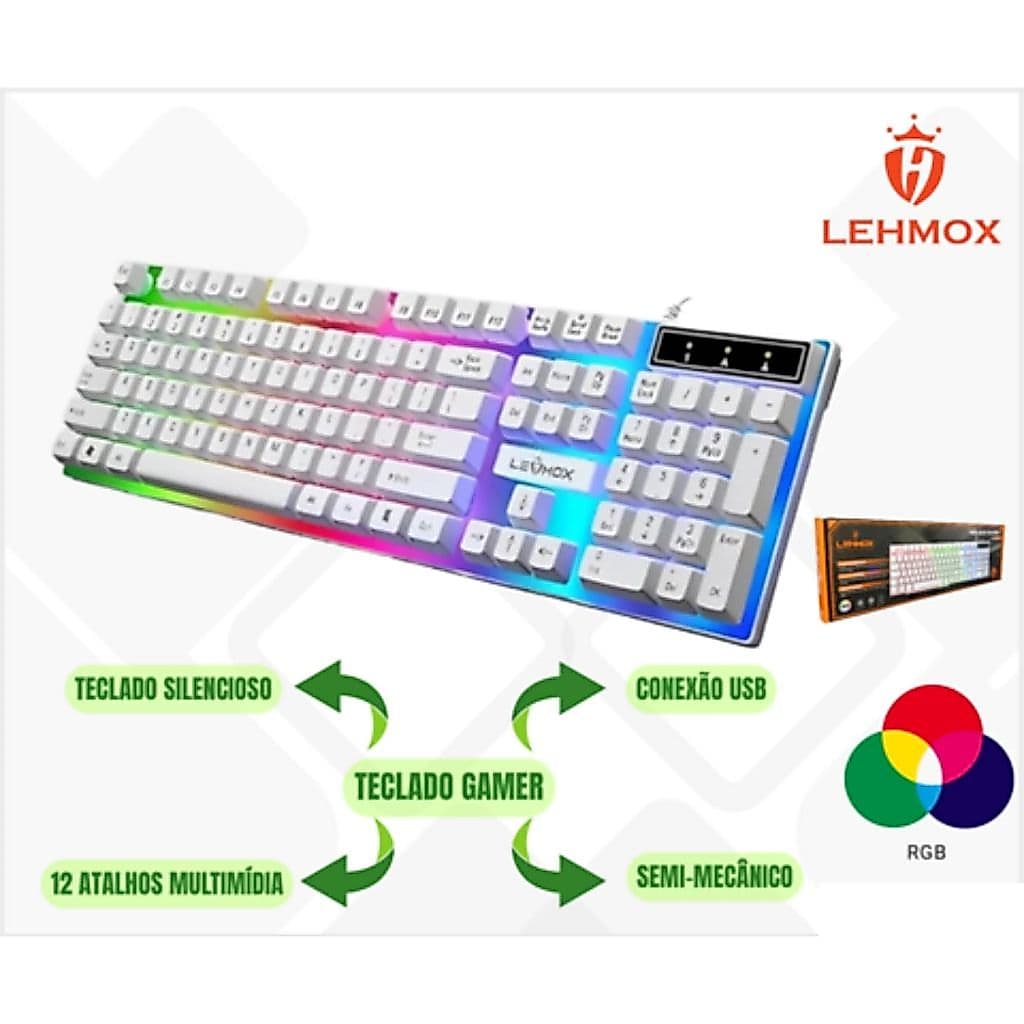 Teclado Gamer RGB Branco Membrana Iluminado LED Colorido USB Com Fio Silencioso Ergonômico Antighosting Alta Performance
