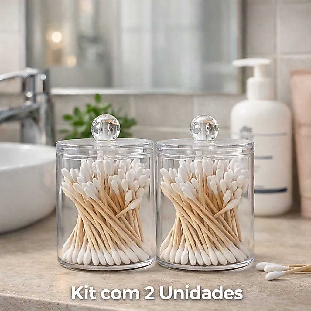 Kit Com 2 Organizador Porta Cotonetes Algodao Com Tampa Acrilico Multiuso Decorativo Pia Banheiro Lavabo Praticidade