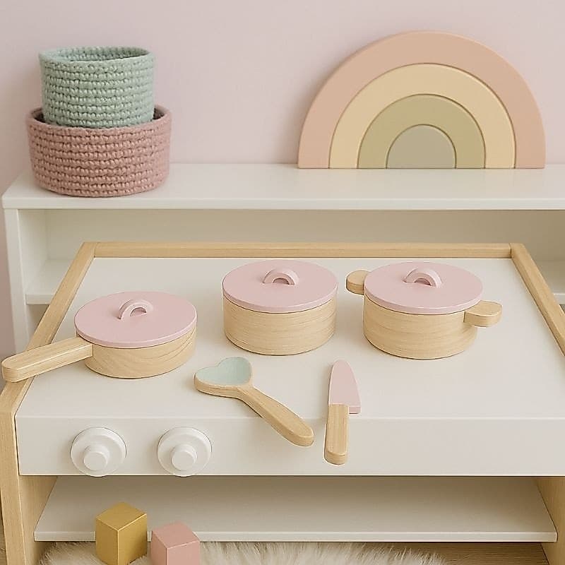Panelinhas Mini Cozinha  Infantil Brinquedos  e Utensílios de Madeira Kit com 5 Peças
