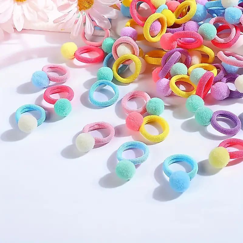 Kit 120 Elásticos Laços de Cabelo com PomPom Infantil e Adulto