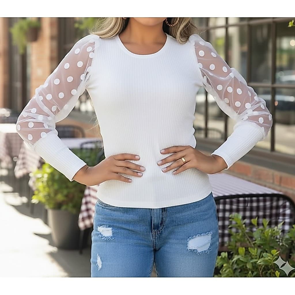 blusa feminina canelada macia gola rasa manga longa tule