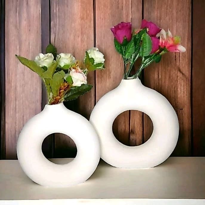 Kit 2 Vasos Donut Nórdicos Médio e Grande Modernos em cerâmica Branca fosca decorativo decoração