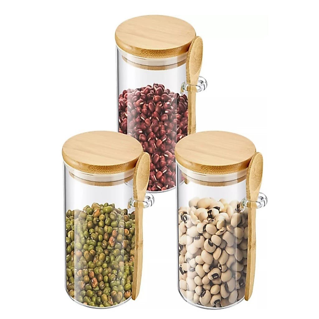 Kit 3  Pote De Vidro Hermético Tampa De Bambu 750ml Com Colher De Bambu