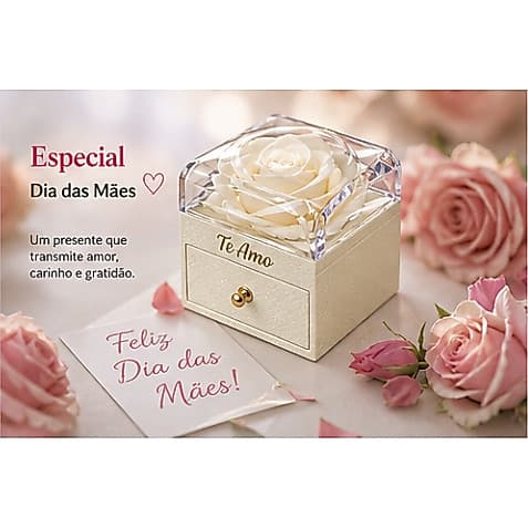 Presente Dia das Mães Rosa Eterna com Colar Coração Caixa Luxo com Gaveta Surpresa Elegante