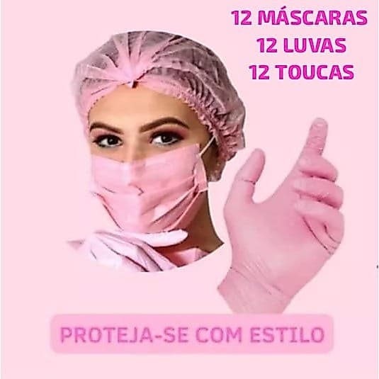 Kits Luvas Máscaras e Toucas Rosa e Preta com 12 Unidades de Cada Segurança Proteção Mãos Resistente