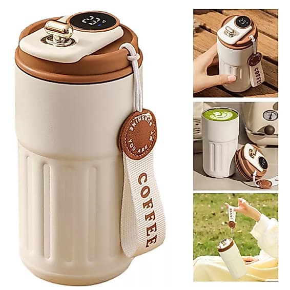 Copo Térmico de Cafe 450 ml Inox com Display Digital Tampa Trava Mantém Bebidas Quentes ou Frias