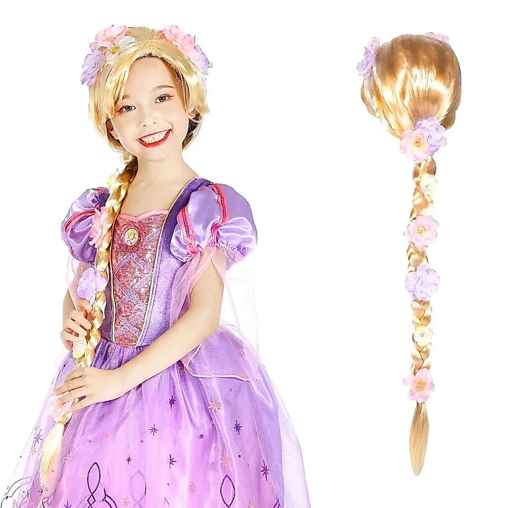 Meninas Longo Loira Rapanzel Perucas Para Crianças Princesa Mulher Traje Cosplay Conto De Fadas Bola Trança