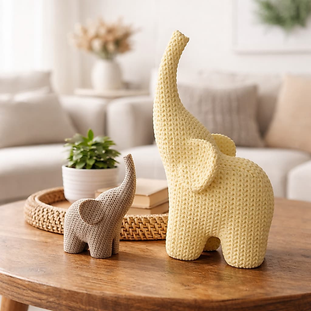 Dupla de Elefantes Decorativos com Textura Tricô Elegante